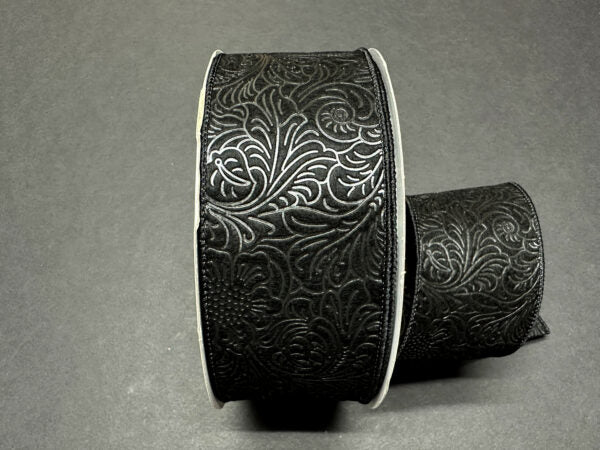 Black Flower Embossed Wired Ribbon - 2-1/2 Inch x 50 Yards