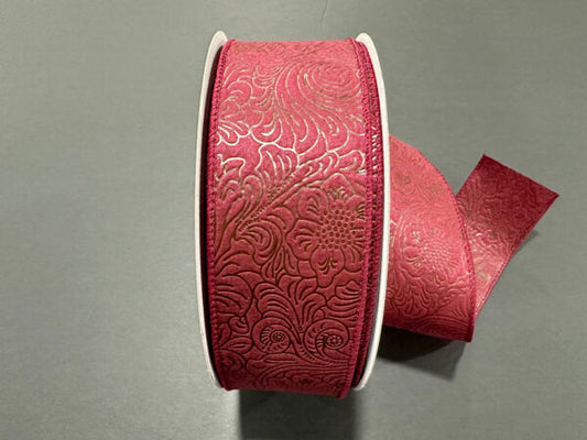 Burgundy Flower Embossed Wired Ribbon - 2-1/2 Inch x 50 Yards