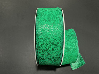 Emerald Flower Embossed Wired Ribbon - 2-1/2 Inch x 50 Yards