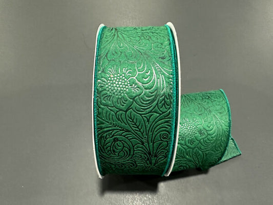 Hunter Green Flower Embossed Wired Ribbon - 2-1/2 Inch x 50 Yards