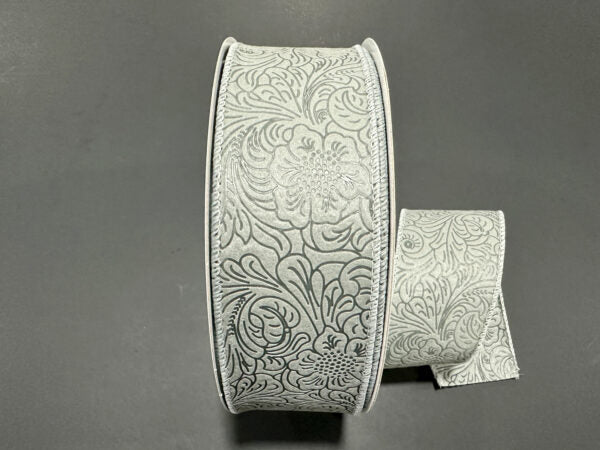 Silver Flower Embossed Wired Ribbon - 2-1/2 Inch x 50 Yards