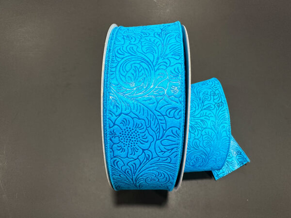 Turquoise Flower Embossed Wired Ribbon - 2-1/2 Inch x 50 Yards