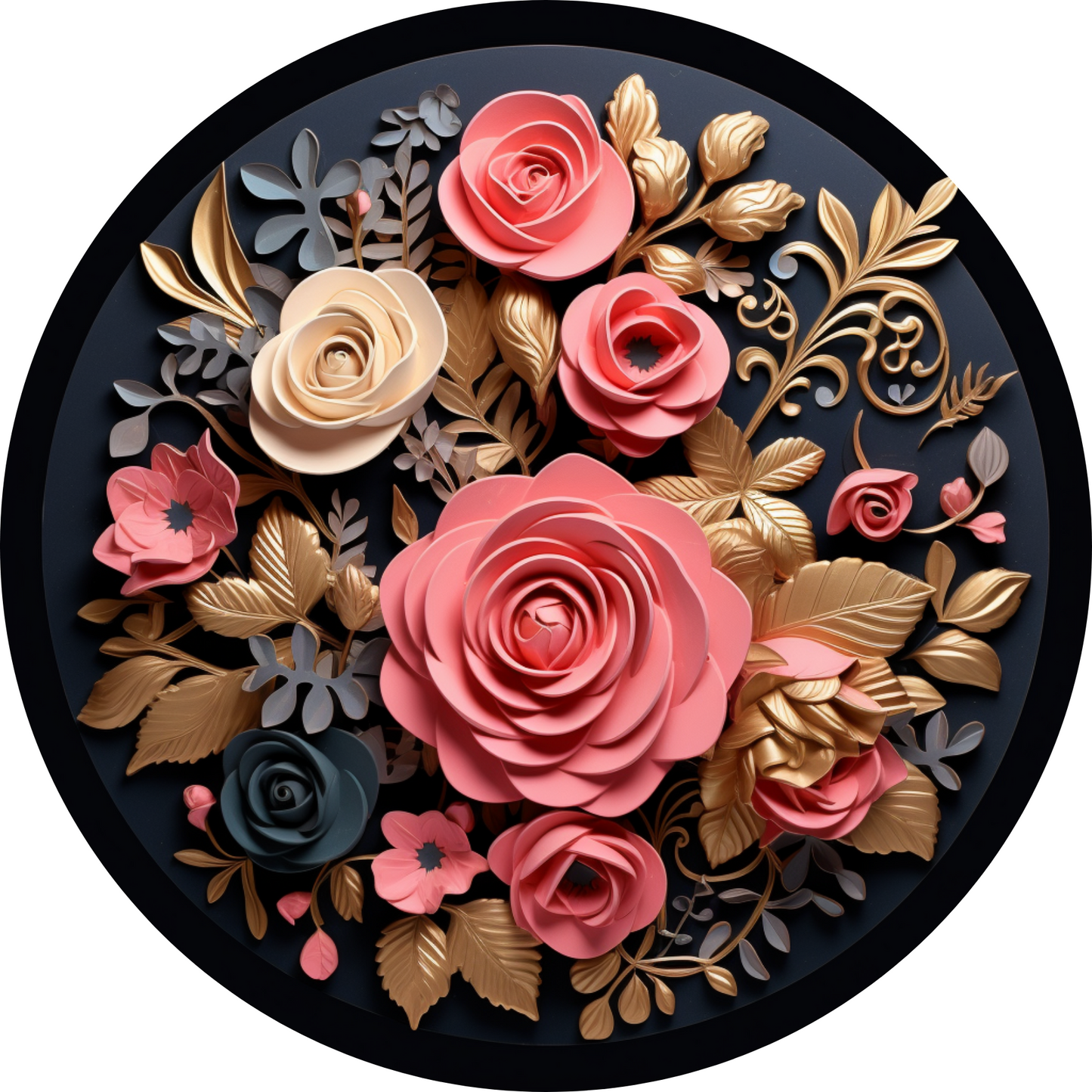 Rose Flower with Golden Leaves Metal Sign