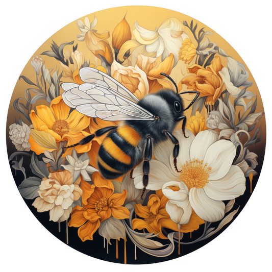 Honey Bee with Flowers Metal Sign - Made in USA