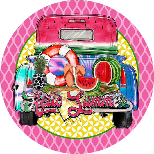 Hello Summer Truck with Fruits Metal Sign: Made In USA