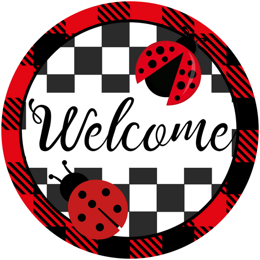 Welcome - Ladybug Plaid Metal Sign: Made In USA