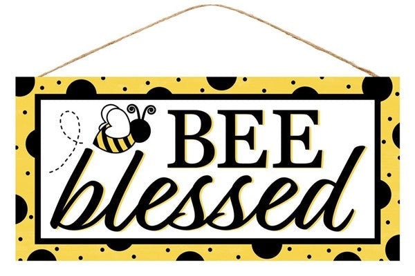 12.5 Inch L x 6 Inch H - Bee Blessed Sign - Yellow Black White - BBCrafts