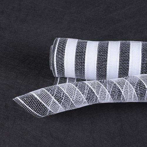 Black White - Poly Deco Mesh Wreath Material with Laser Mono Stripe - 10 Inch x 10 Yards