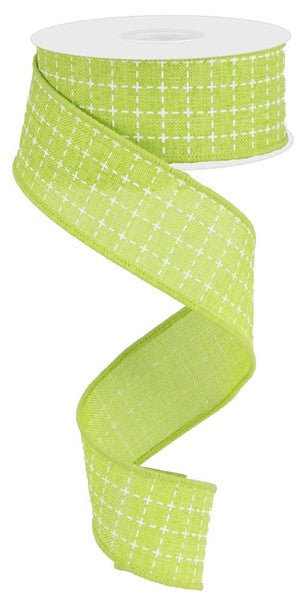 1-1/2 in x 10 yd Lime Green Ribbon w/ White Stitched - Royal