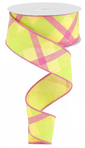 1-1/2 in x 10 yd Yellow Ribbon w/ Lime Green Pink Printed