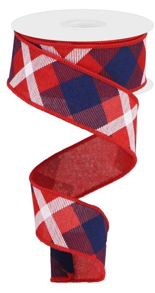 Red Navy Blue White - Printed Plaid On Royal Ribbon - 1-1/2 Inch x 10 Yards