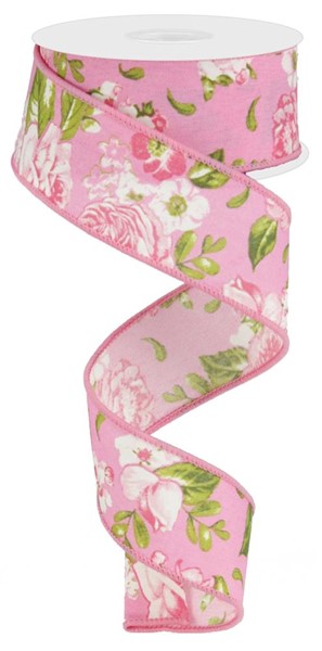 1-1/2 Inch x 10 Yards Rose Green Pink Floral Ribbon