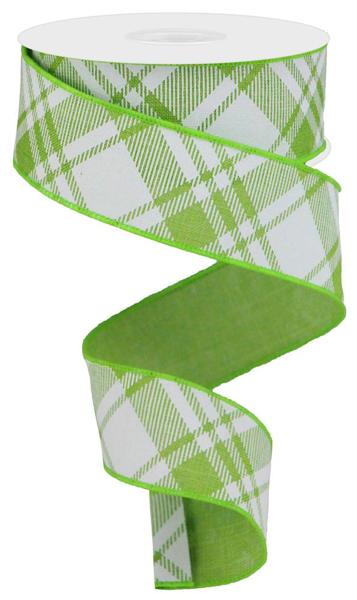 1-1/2 in x 10 yd Lime Green and White Diagonal Stripe Ribbon