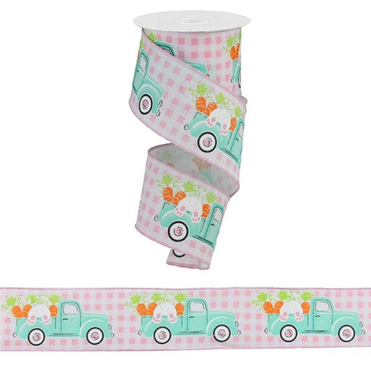 2-1/2 in x 10 yd Light Pink White -Truck On Check Ribbon