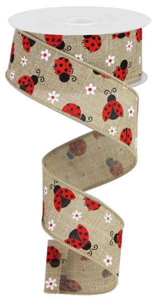 1-1/2 in x 10 yd Light Beige Ladybugs RYL Ribbon