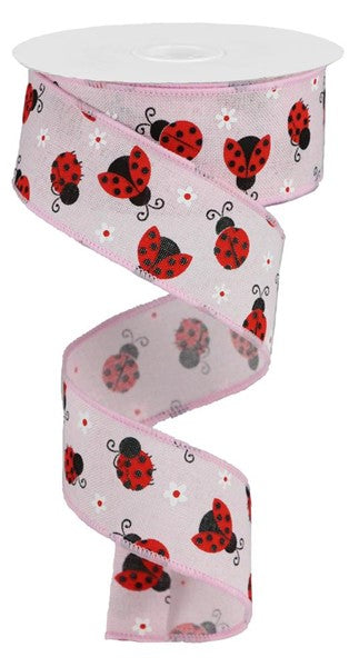 1-1/2 in x 10 yd Powder Pink Royal Ribbon w/ Mini Ladybugs