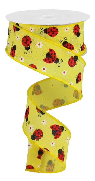 1-1/2 Inch x 10 Yards Royal Yellow Ribbon with Mini Ladybugs