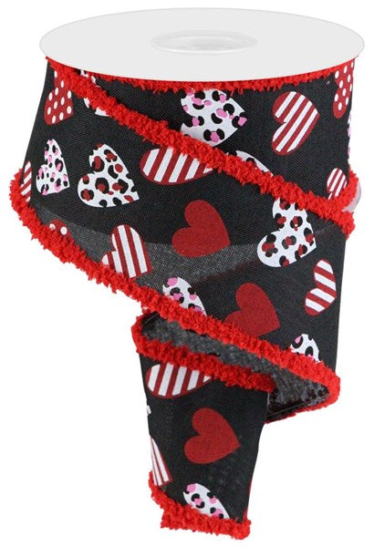 Black Red Hot Pink White - Multi Leopard Hearts Drift Ribbon - 2-1/2 Inch x 10 Yards