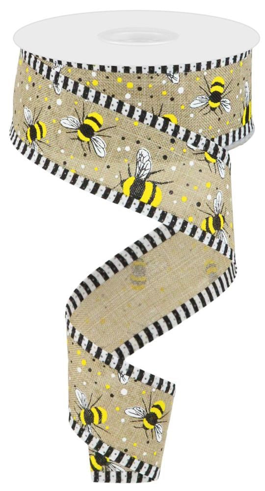 Light Beige Yellow White Black - Bumble Bee/Royal/Stripe Ribbon - 1-1/2 Inch x 10 Yards