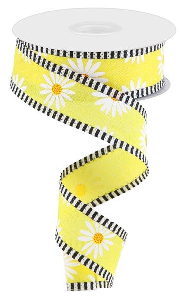 Yellow White Orange - Daisy On Royal/Stripe Ribbon - 1-1/2 Inch x 10 Yards