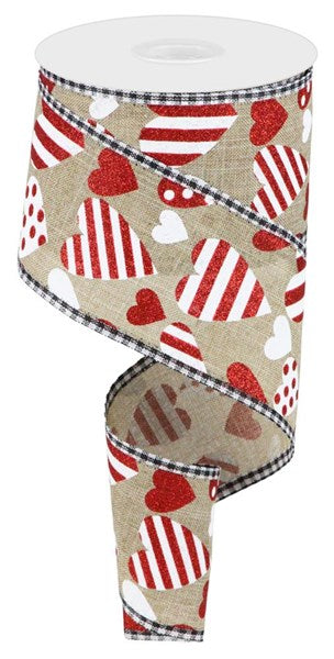 Beige White Red - Valentine Hearts Gingham Ribbon - 2-1/2 Inch x 10 Yards