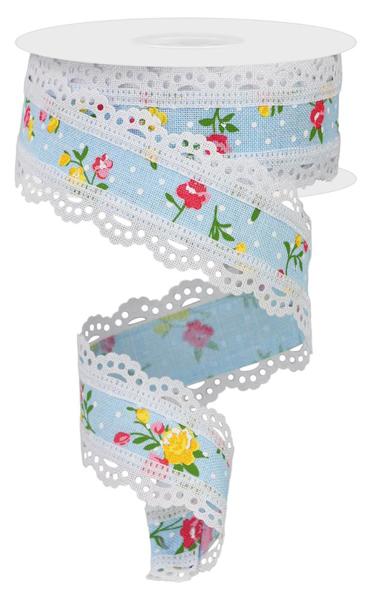 1-1/2 in x 10 yd Pale Blue Floral Ribbon Multi - Vintage