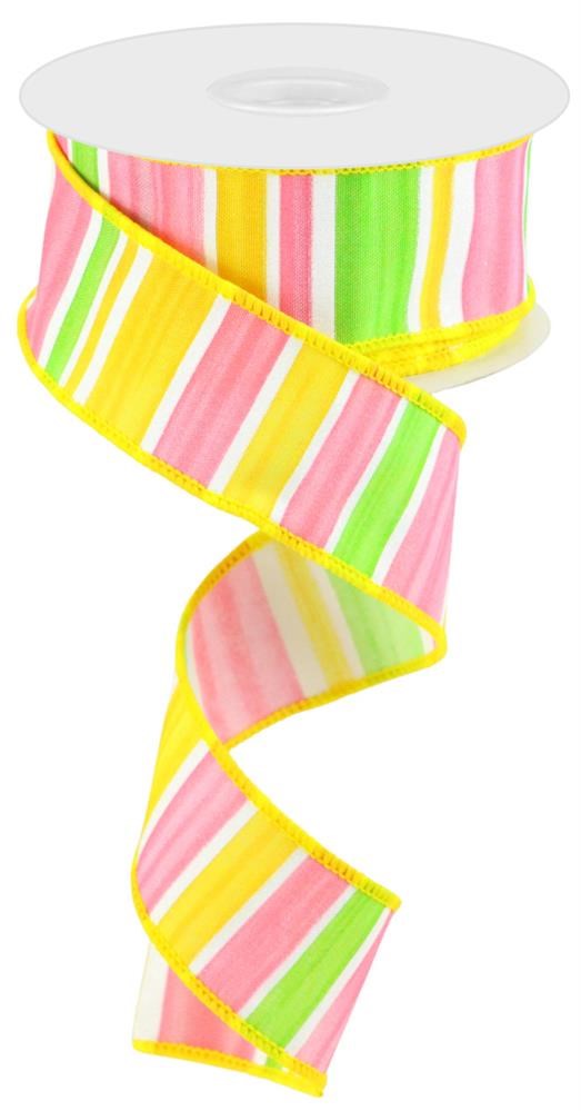 White Green Pink Yellow - Multi Width Horizontal Stripe Ribbon - 1-1/2 Inch x 10 Yards