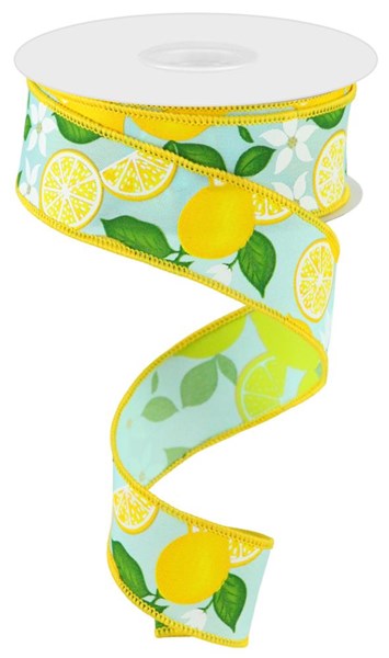 1-1/2 in x 10 yd Turquoise Yellow Green Ribbon w/ Lemon