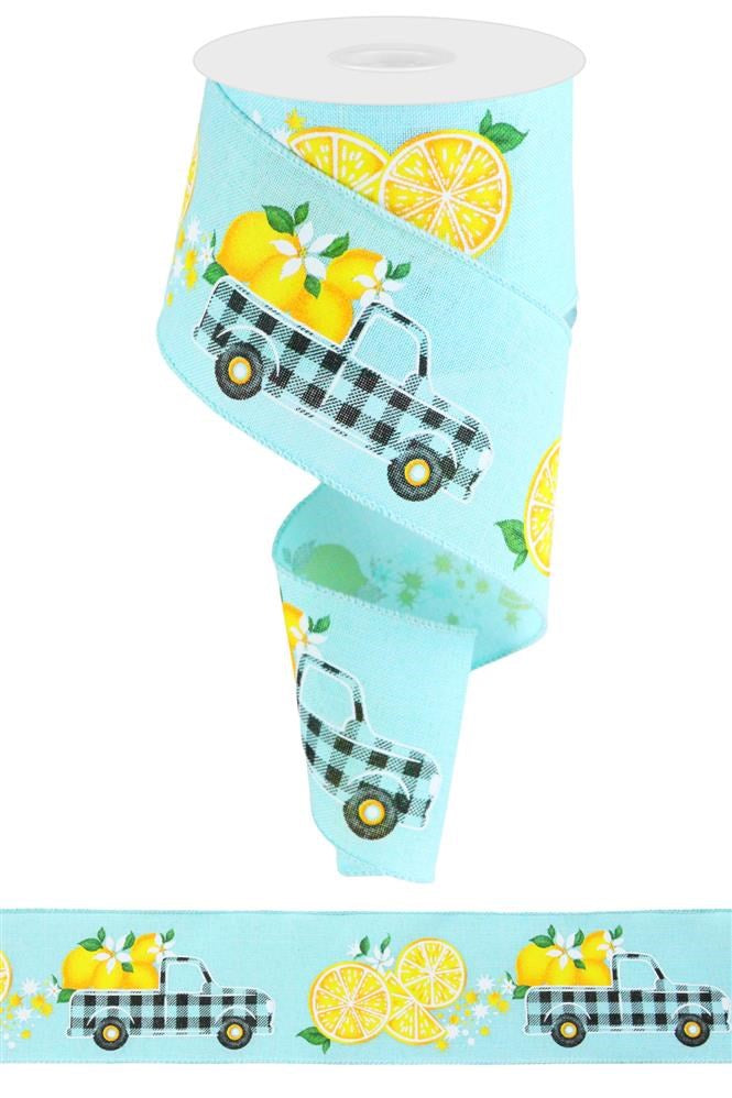 Ice Blue Yellow Green White Black - Gingham Truck W/Lemons Ribbon - 2-1/2 Inch x 10 Yards