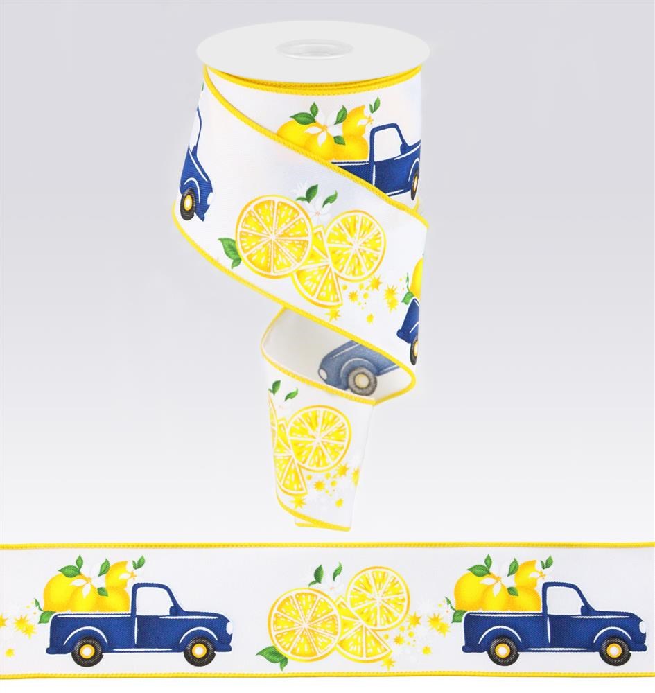 White Yellow Green Black Navy - Truck W/Lemons Ribbon - 2-1/2 Inch x 10 Yards