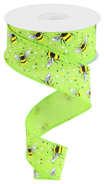 1-1/2 in x 10 yd Lime Yellow Ribbon w/ Bumble Bee - Royal