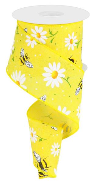 2-1/2 in x 10 yd Yellow Ribbon w/ Bumble Bee & Daisy - Royal