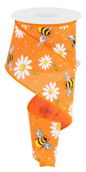 2-1/2 in x 10 yd Bright Orange Ribbon w/ Bee & Daisy - Royal