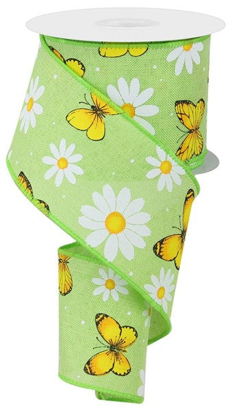 Bright Green White Yellow Gold Black w/ Butterfly Daisy Ribbon - 2-1/2 Inch x 10 Yards