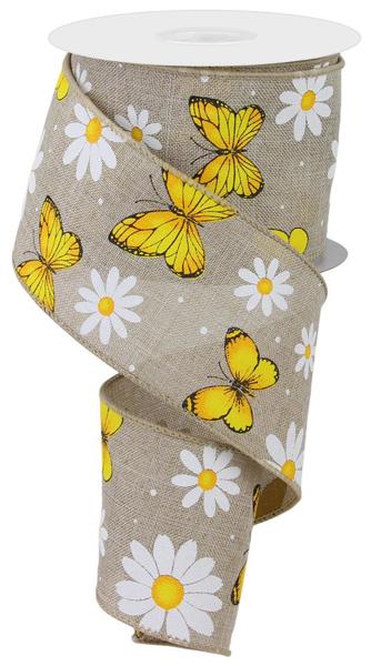 Natural White Yellow Gold Black - Butterfly/Daisy On Royal Ribbon - 2-1/2 Inch x 10 Yards