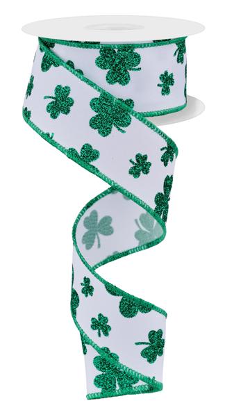 1-1/2 in x 10 yd White Ribbon w/ Kelly Green Glitter Shamrocks