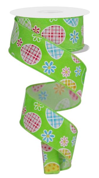 1-1/2 in x 10 yd Pongee Green Ribbon w/Check Plaid Egg Daisy