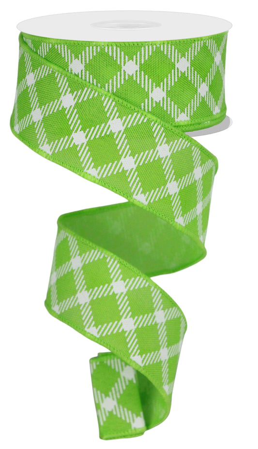 Fresh Green White - Diamond Check/Faux Royal Burlap Ribbon - 1-1/2 Inch x 10 Yards