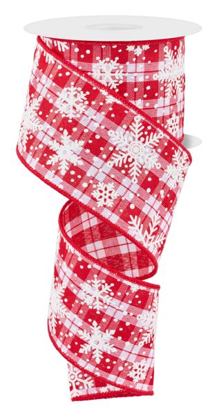 White Red - 2.5 Inch x 10 Yards Multi Snowflake On Woven Ribbon