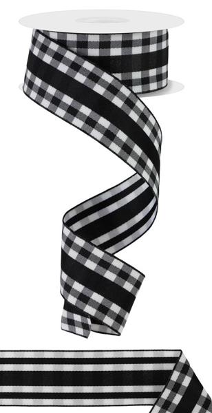 1-1/2 in x 10 yd Black White Gingham Ribbon w/ black center