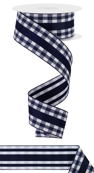 Navy White - Mini Gingham W/Center Stripe Ribbon - 1-1/2 Inch x 10 Yards