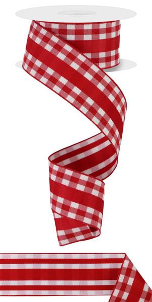 Red White - Mini Gingham W/Center Stripe Ribbon - 1-1/2 Inch x 10 Yards